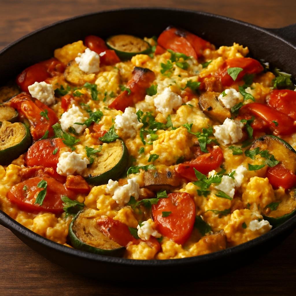 Entree: Bulgaria – Northern Culinary Region – Миш-маш ➤ Mish-mash (Warm scrambled egg and roasted vegetable skillet with Bulgarian white cheese) recipe