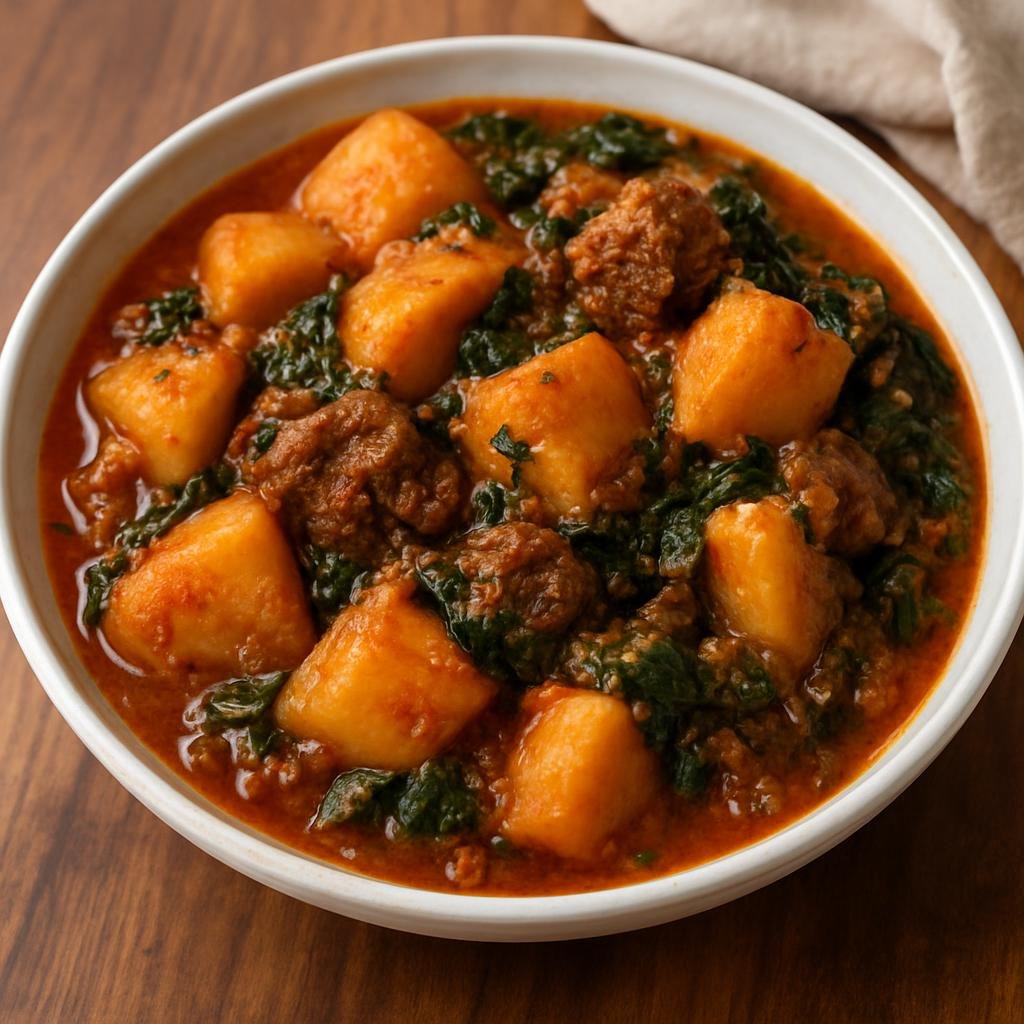 Entree: Burkina Faso – Northern Culinary Region – Ragout d'Igname (Yam stew cooked with meat, tomatoes, and leafy greens) recipe