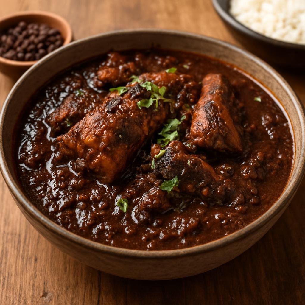 Entree: Cameroon – Northern Culinary Region – Mbongo Tchobi (Dark, spicy Cameroonian stew traditionally made with fish and aromatic njansang seeds) recipe