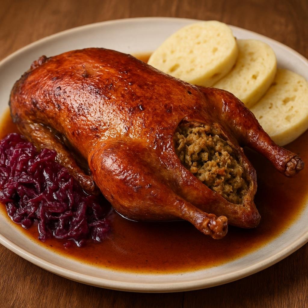Entree: Czechia – Moravia – Pečená kachna (Traditional Moravian-style roast duck with crisp skin and aromatic stuffing) recipe