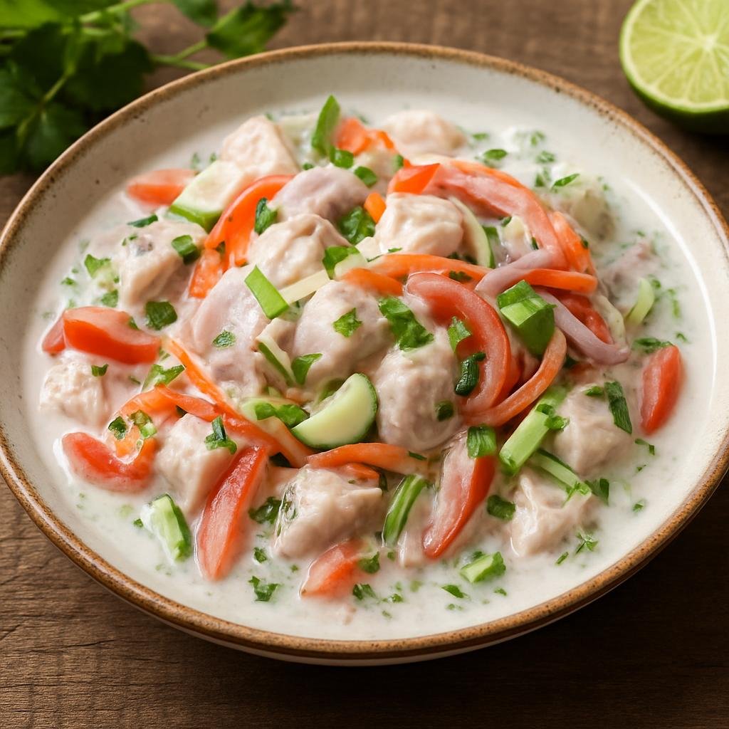 Entree: New Caledonia – Southern Culinary Region – Poisson Cru à la Tahitienne (Raw marinated fish in lime juice and coconut milk with fresh vegetables and herbs) recipe