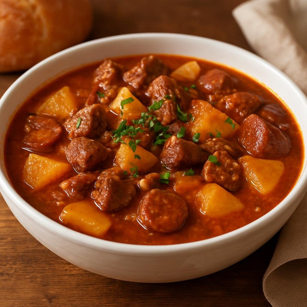 Entree: Slovenia – Southern Culinary Region – Bograč (Hearty multi-meat paprika stew from the Prekmurje region cooked with potatoes) recipe