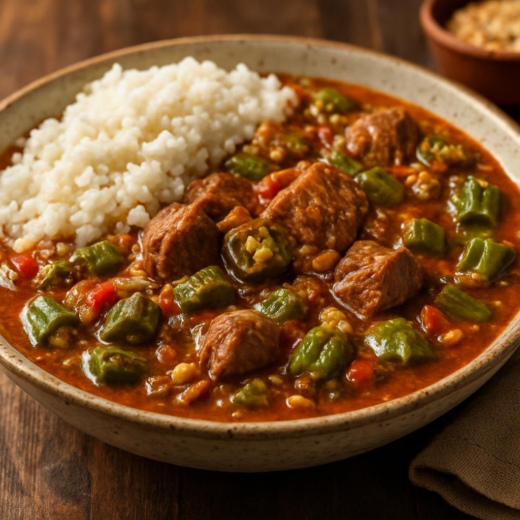 Entree: South Sudan – Southern Culinary Region – Mullah (Hearty South Sudanese okra and meat stew often enriched with ground peanuts and served with sorghum or rice) recipe