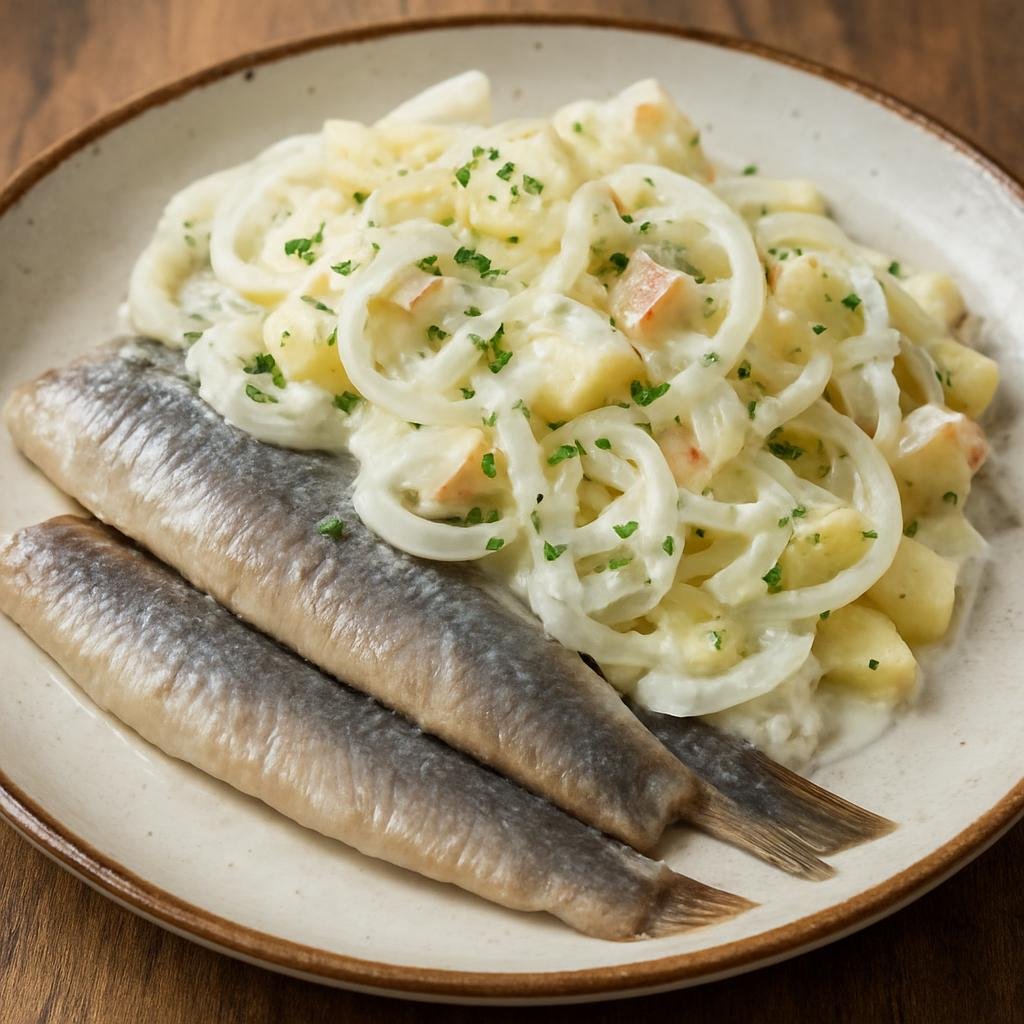 Entree: Germany – Berlin-Brandenburg – Matjesfilet nach Hausfrauenart (Cured young herring fillets dressed in a traditional Berlin housewife style with onions, apple, and creamy dressing) recipe