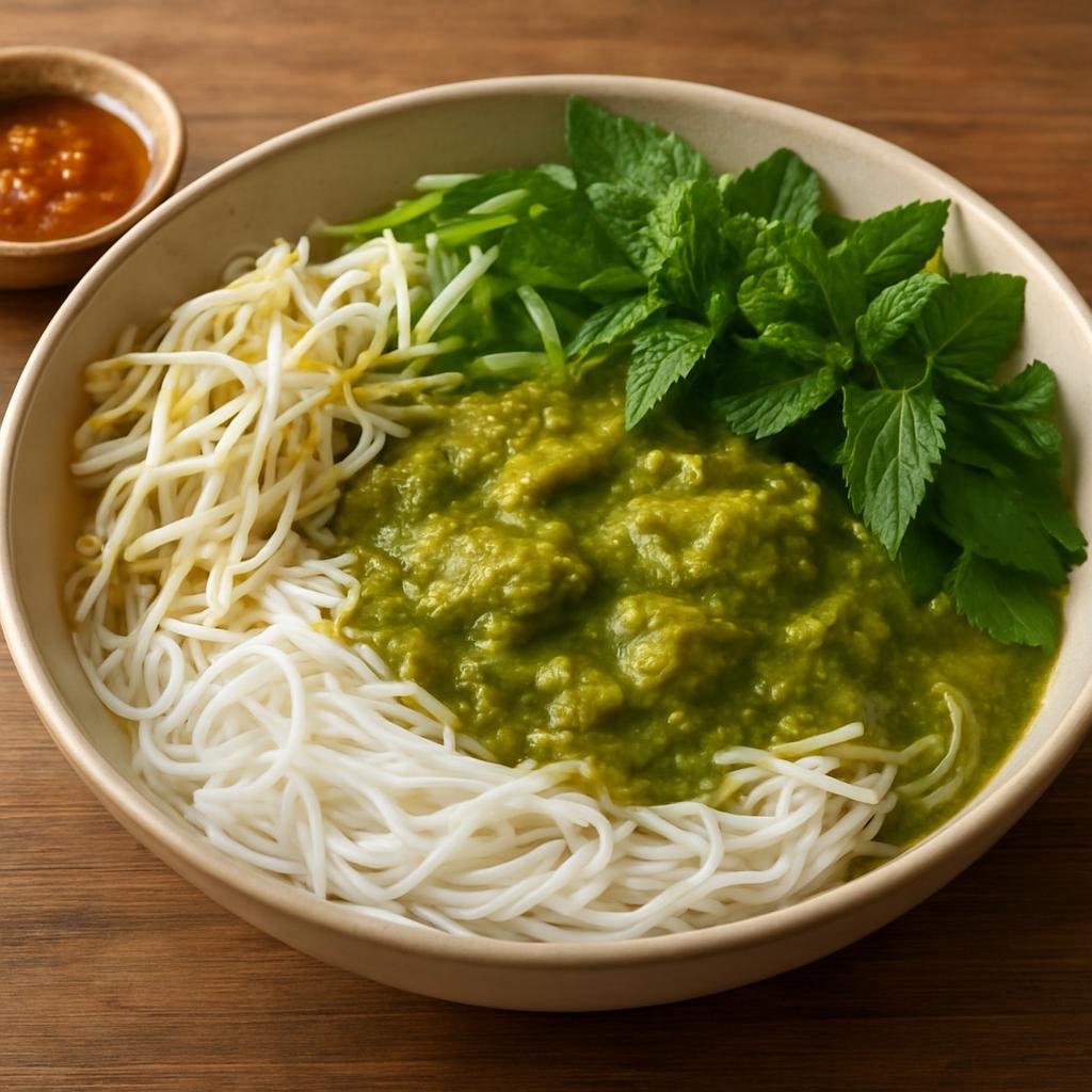 Entree: Cambodia – Khmer Central Cuisine – នំបញ្ចុក ➤ Nom Banh Chok (Khmer rice noodle dish served with a tangy fish-based green curry and fresh herbs) recipe