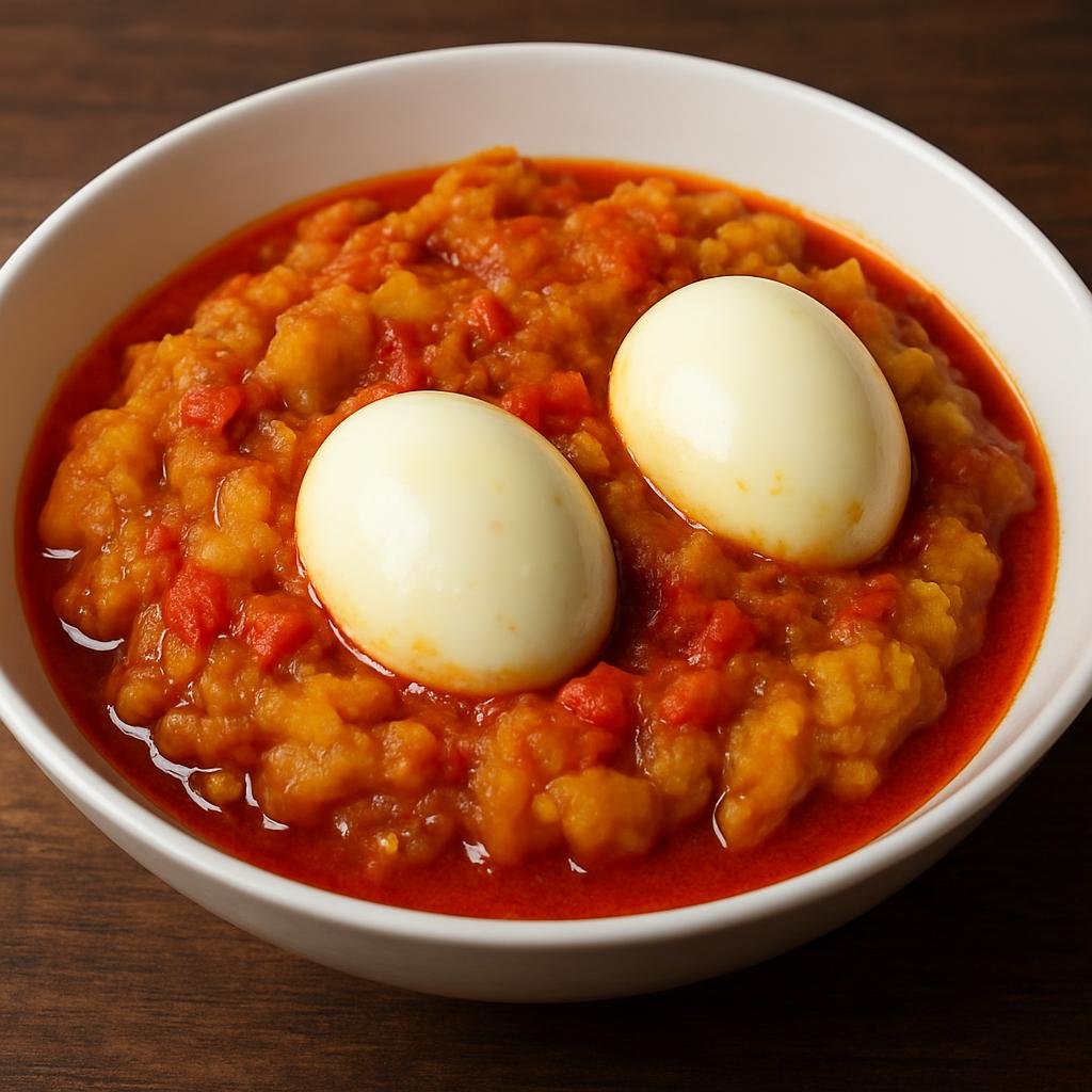 Entree: Ghana – Ewe Volta Cuisine – Etor with Boiled Eggs (Mashed boiled yam and plantain dressed with red palm oil, tomatoes, peppers, and served with boiled eggs) recipe
