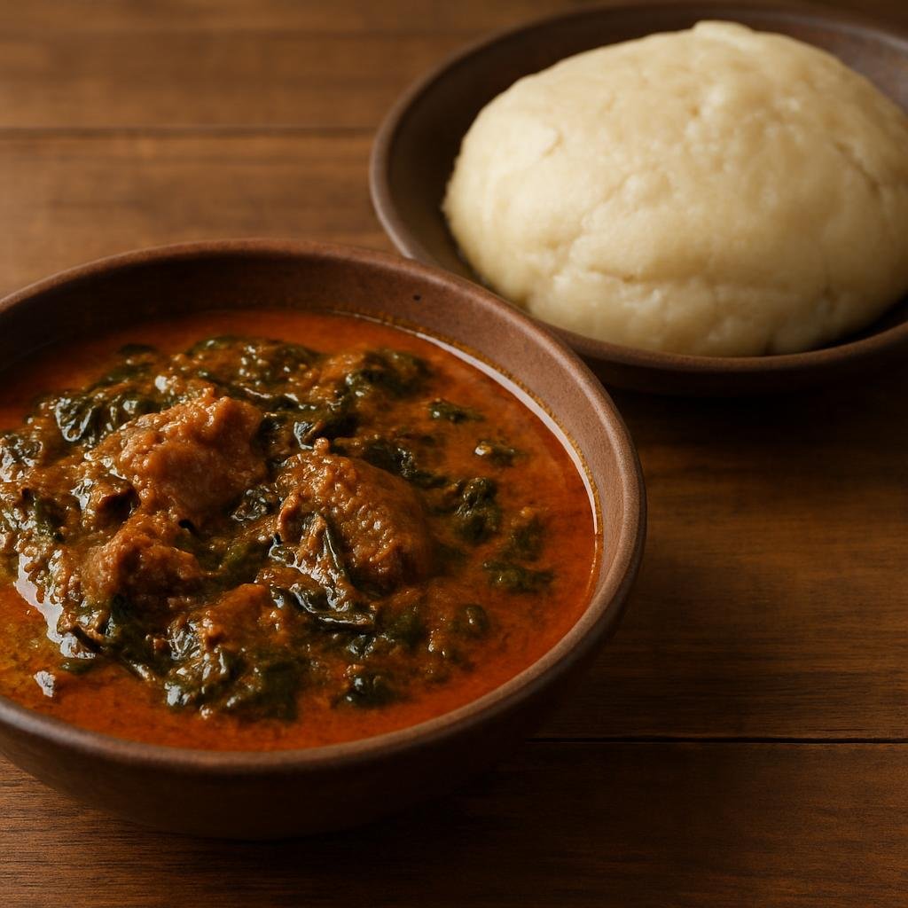Entree: Cameroon – Northern Culinary Region – Achu Soup (A fragrant Cameroonian palm-oil soup seasoned with potash and served with pounded cocoyam fufu) recipe