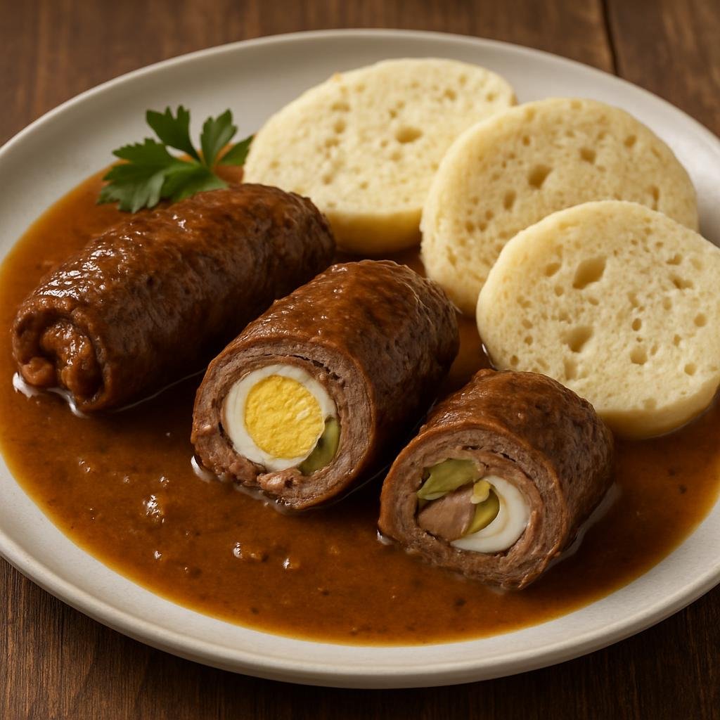 Entree: Czechia – Moravia – Španělský ptáček (Thin beef roulades stuffed with egg, bacon, pickles, and ham simmered in a savory gravy) recipe