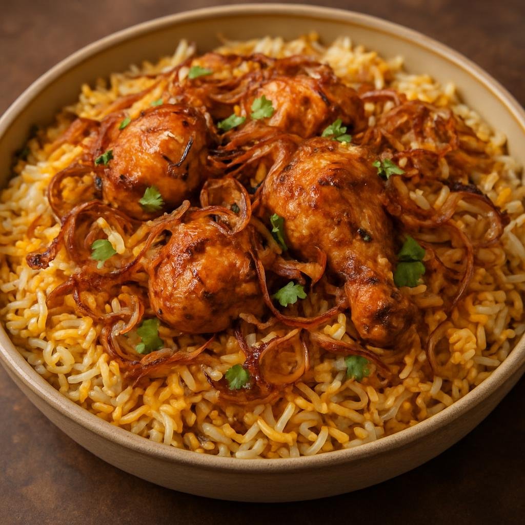 Entree: India – Sindhi-Indian – سنڌي برياني ➤ Sindhī Biryānī (Aromatic layered rice with spiced marinated chicken and fried onions) recipe