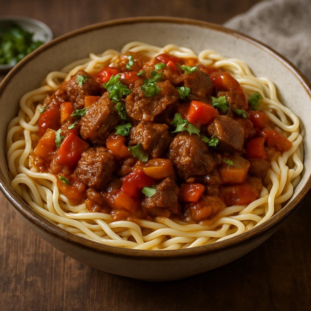 Entree: Tajikistan – Southern Culinary Region – Лагман ➤ Lagman (Hand-pulled wheat noodles served with a hearty spiced lamb and vegetable sauce) recipe