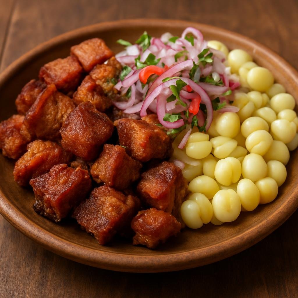 Entree: Peru – Andean Highlands – Chicharrón de Cerdo (Crispy fried pork chunks typically served with boiled hominy and a tangy onion-lime salsa) recipe