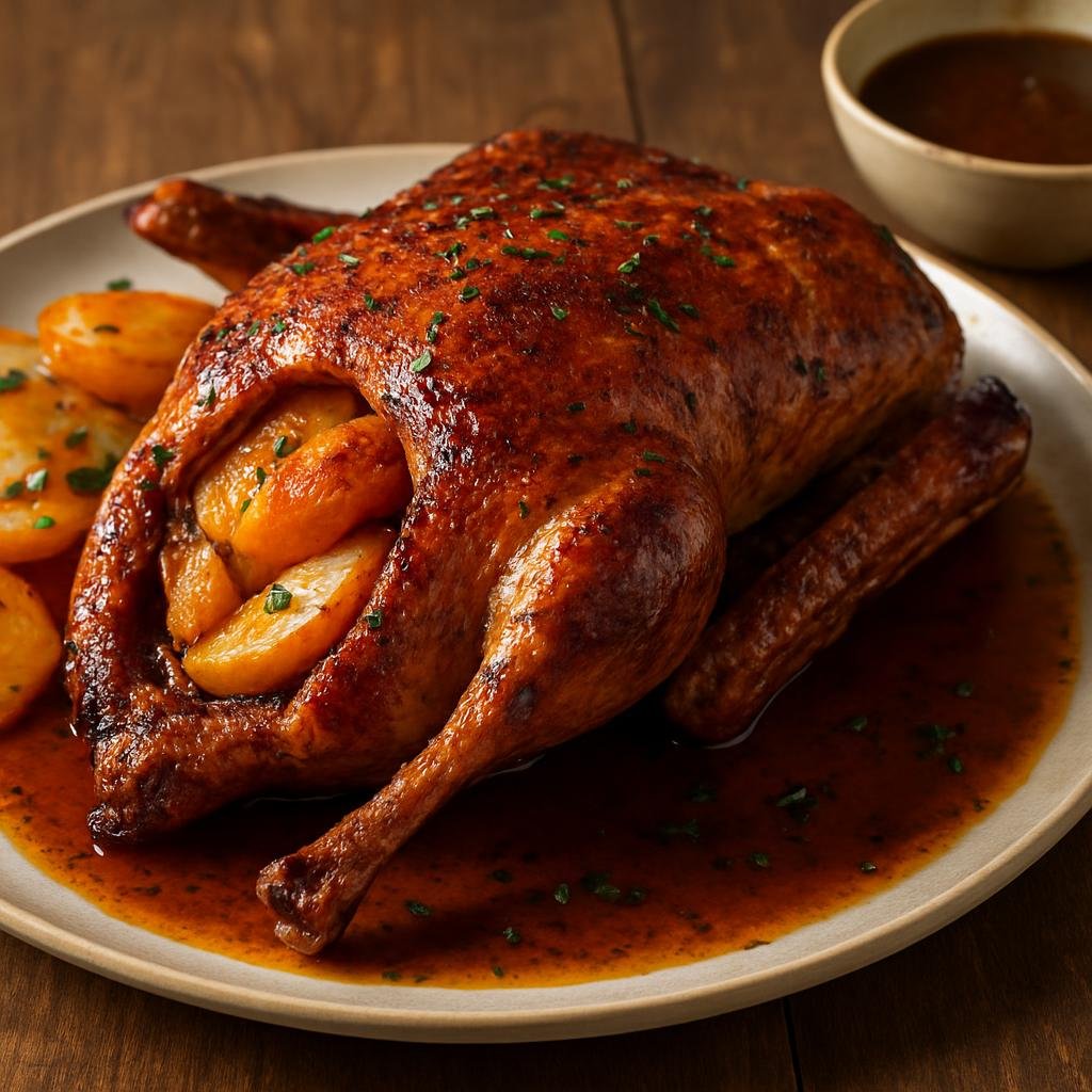 Entree: Poland – Lesser Poland / Krakow – Kaczka z Jabłkami (Roast duck stuffed with apples and aromatic Polish herbs, roasted until the skin is crisp and served with a pan gravy) recipe