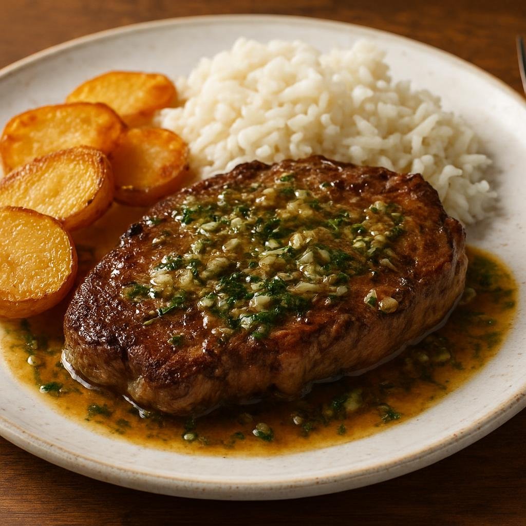 Entree: Portugal – Azores – Bife à Regional (Azorean-style pan-seared beef steak finished with a garlicky wine and herb butter sauce) recipe