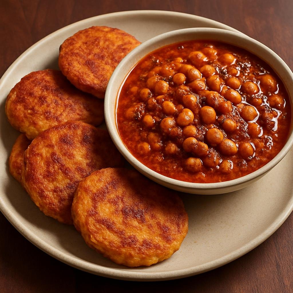 Entree: Ghana – Ewe Volta Cuisine – Agbelikaklo with Beans Stew (Fried mashed plantain patties served with a spiced palm-oil bean stew) recipe