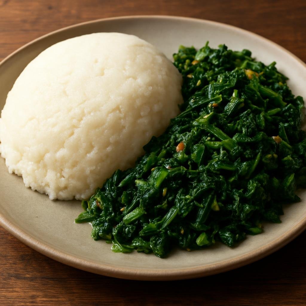 Entree: Kenya – Nairobi & Central Kenya – Ugali with Sukuma Wiki (Firm cornmeal porridge served with sautéed collard greens) recipe