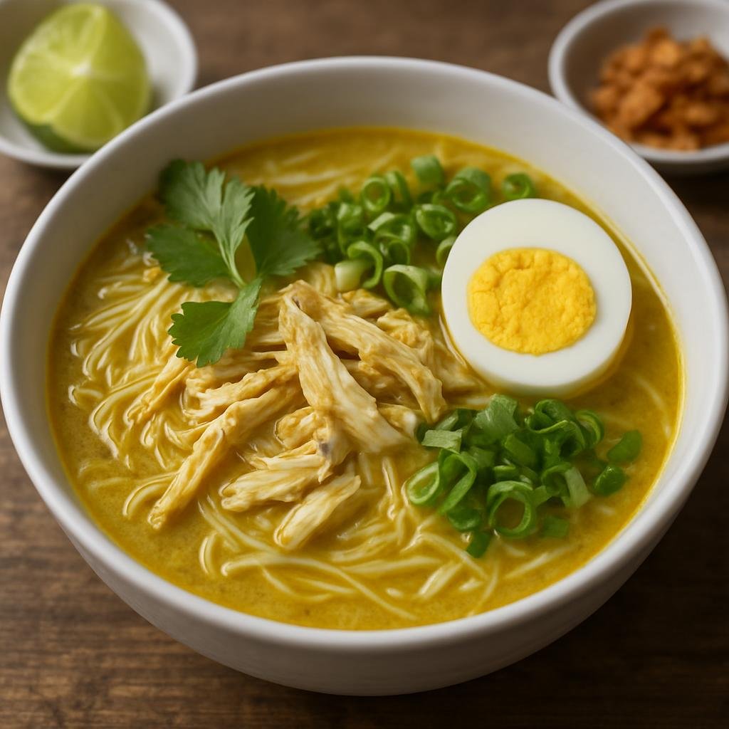Entree: Singapore – Malay Singapore – Soto Ayam (Fragrant turmeric-poached chicken soup with shredded chicken, rice noodles, herbs, and boiled egg) recipe