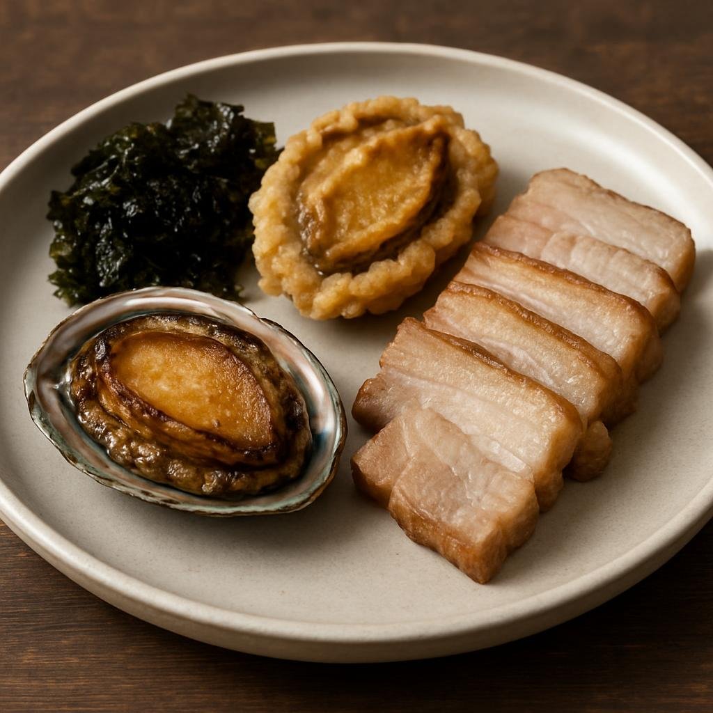 Entree: South Korea – Jeju – 전복삼합 ➤ Jeonbok Samhap (Jeju-style trio featuring abalone prepared three ways served with pork and seaweed accompaniments) recipe