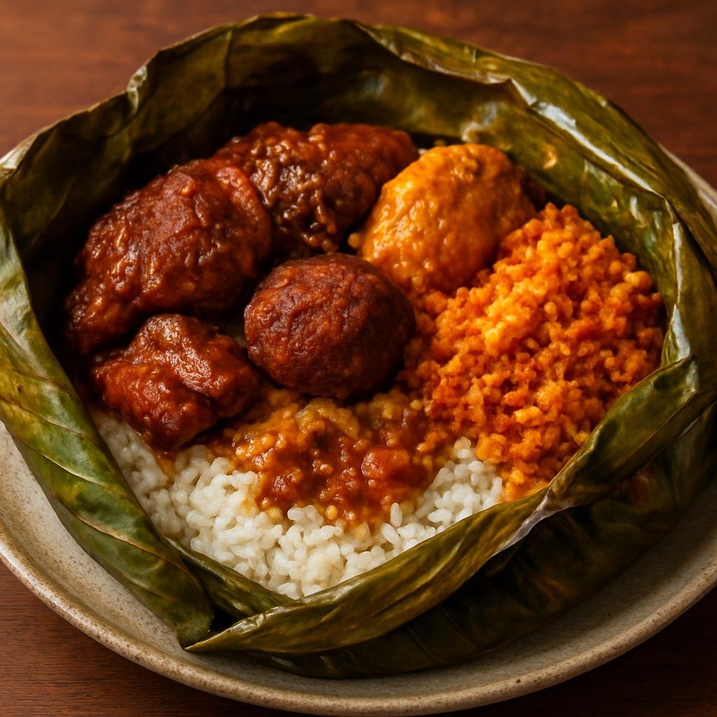 Entree: Sri Lanka – Kandyan Highlands – ලැම්ප්‍රයිස් ➤ Lamprais (Baked Sri Lankan mixed-rice parcel of curried meats, frikkadels, ghee rice, and coconut sambol wrapped in banana leaf) recipe