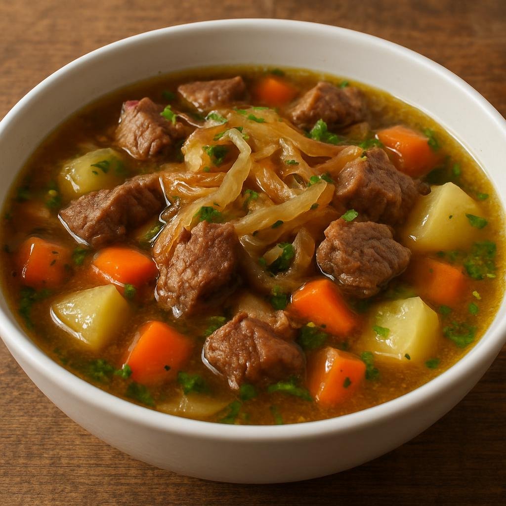 Entree: Uzbekistan – Khiva / Khorezm – Kovurma Sho'rva (Khorezm-style fried meat soup of browned lamb with onions, root vegetables, and a clear savory broth) recipe