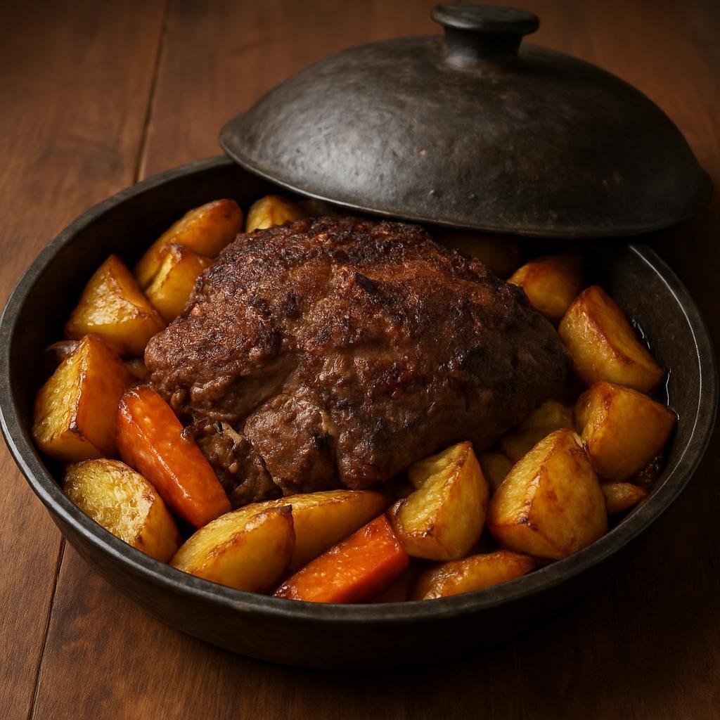 Entree: Bosnia and Herzegovina – Northern Culinary Region – Teletina ispod sača (Veal slow-roasted beneath a domed iron or clay lid with potatoes and root vegetables) recipe