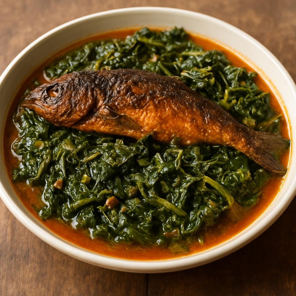 Entree: Democratic Republic of the Congo – Northern Culinary Region – Ngai Ngai (Stewed smoked freshwater fish with cassava leaves cooked in red palm oil and spices) recipe