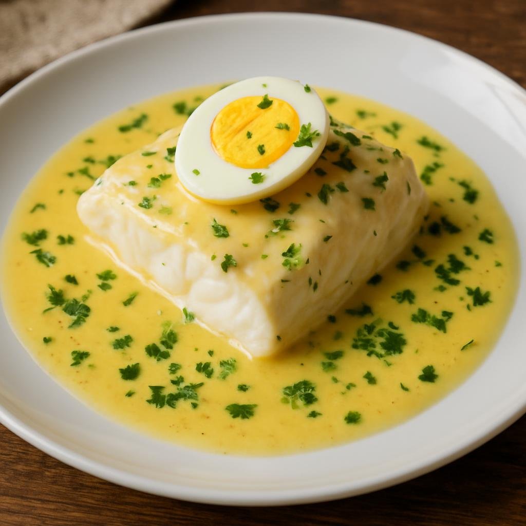 Entree: Norway – Oslo & Eastern Norway – Torsk med Sandefjordsmør (Poached cod served with a warm lemon-butter and cream sauce with parsley and egg) recipe