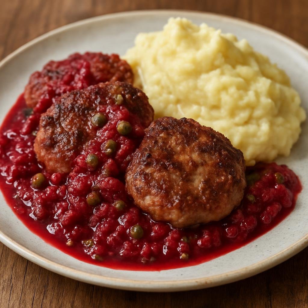 Entree: Sweden – Stockholm & Central Sweden – Biff à la Lindström (Pan-fried beef patties mixed with beets and capers, served with mashed potatoes) recipe