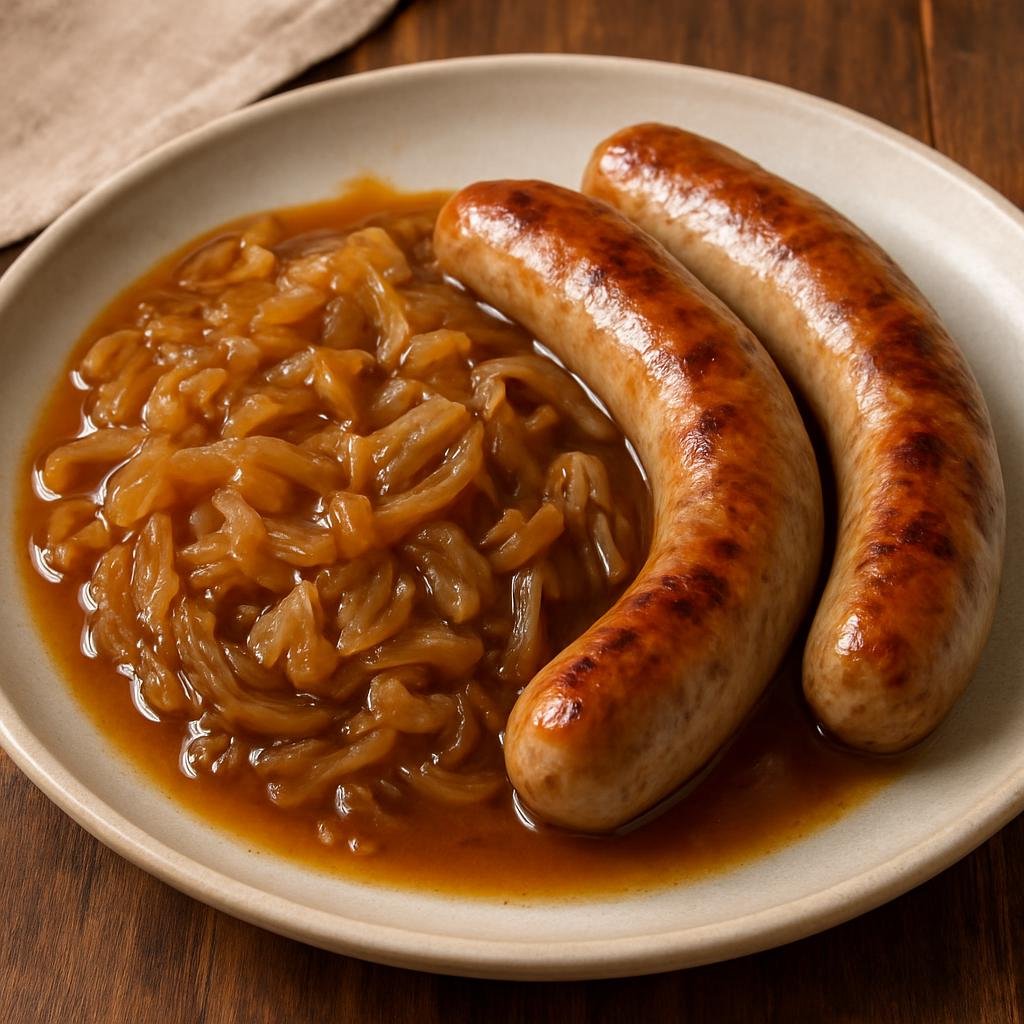Entree: Switzerland – German Swiss – Bratwurst mit Zwiebelsauce (Swiss-style pork sausages served with a savory caramelized onion sauce) recipe