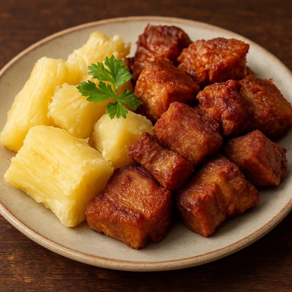 Entree: Honduras – Southern Culinary Region – Yuca con Chicharrón (Boiled or fried cassava served with crispy fried pork) recipe