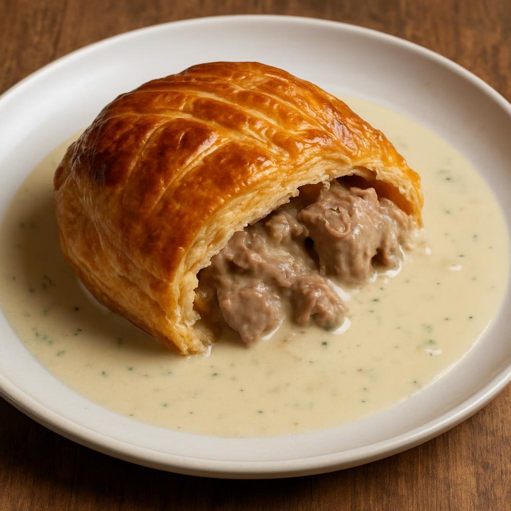 Entree: Luxembourg – Southern Culinary Region – Paschtéit au Riesling (Luxembourgish puff pastry meat pie braised with Riesling wine in a creamy sauce) recipe