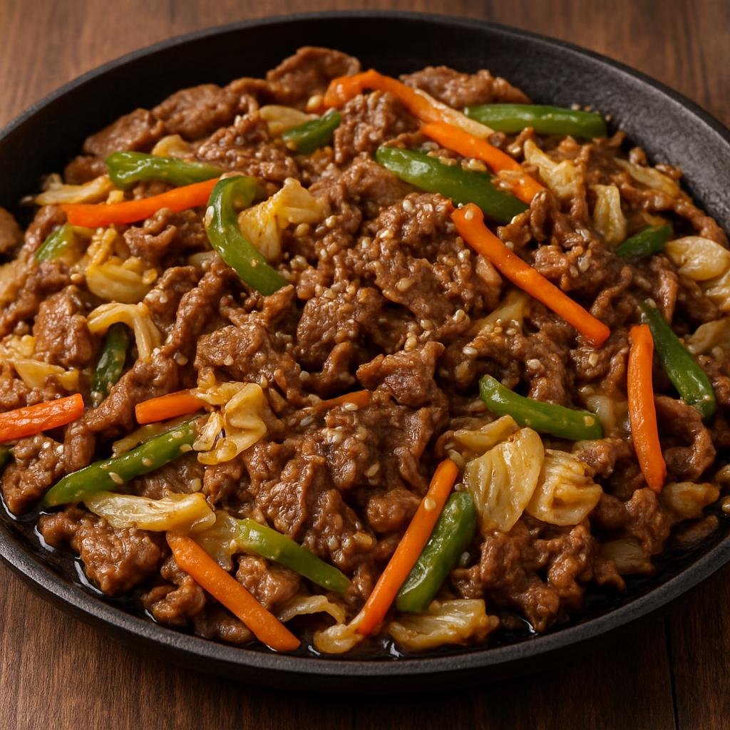 Entree: Mongolia – Southern Culinary Region – Монгол барбекю ➤ Mongol barbekyu (High-heat stir-grilled seasoned sliced meat and vegetables cooked on a large flat griddle) recipe