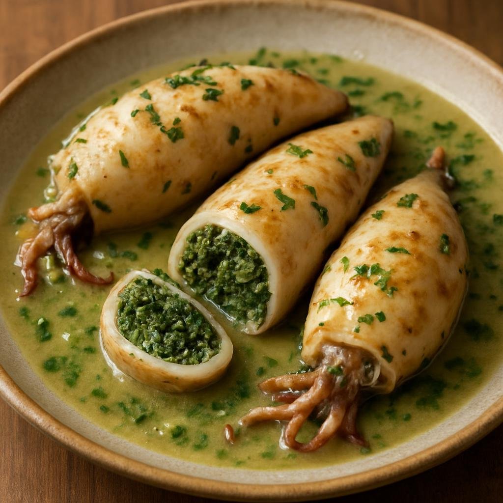 Entree: New Caledonia – Southern Culinary Region – Stuffed Squid with Taro Leaves (Whole squid filled with a savory taro-leaf and herb mixture, gently cooked in a coconut-scented broth) recipe