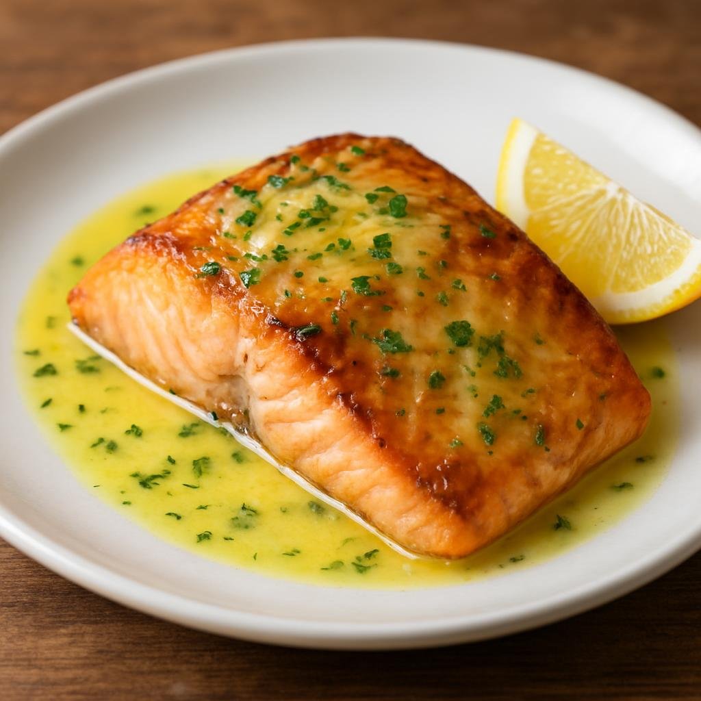 Entree: New Zealand – South Island – Salmon Fillet with Lemon Butter (Pan-seared salmon fillet finished with a bright lemon and butter sauce typical of New Zealand coastal cooking) recipe