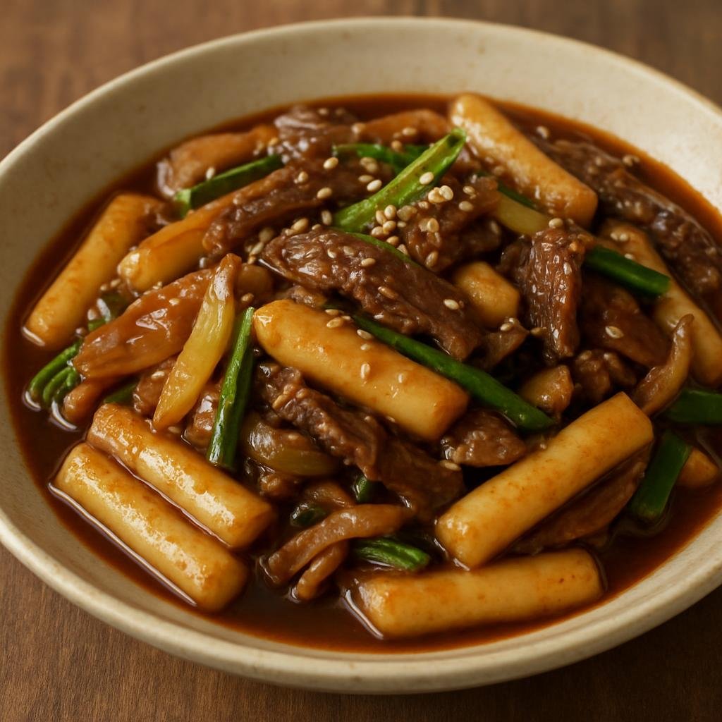 Entree: North Korea – Pyongyang – 떡볶이 ➤ tteokbokki (Pyongyang-style soy-braised rice cakes with sliced beef and vegetables in a savory sesame sauce) recipe