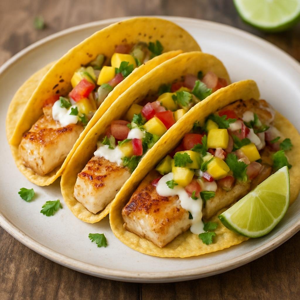 Entree: Pitcairn – Southern Culinary Region – Tropical Fish Tacos (Grilled or pan-fried island white fish served in corn tortillas with fresh tropical salsa and lime crema) recipe
