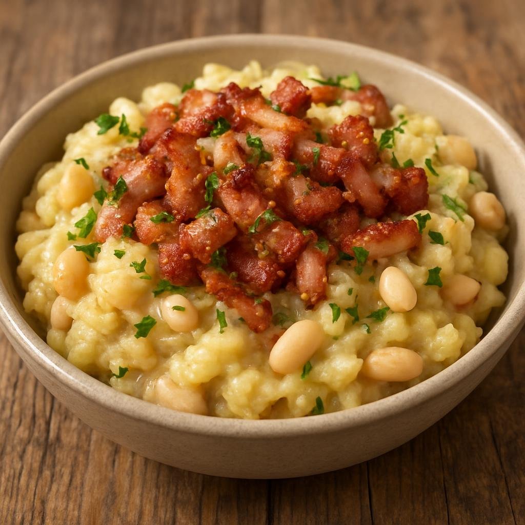Entree: Slovenia – Southern Culinary Region – Matevž (rustic mashed potatoes and white beans traditionally enriched with bacon or cracklings) recipe