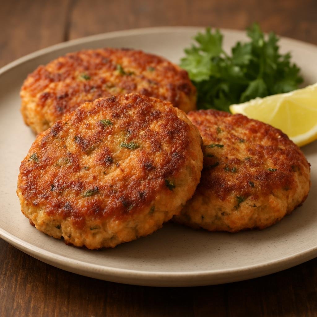 Entree: United States – Appalachia – Salmon Patties (Pan-fried seasoned patties made from flaked salmon bound with egg and crumbs) recipe