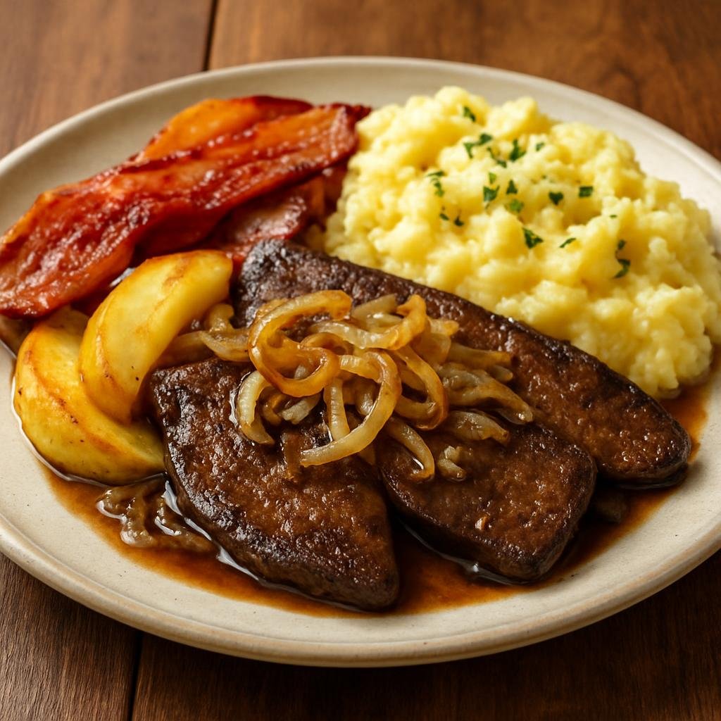 Entree: Germany – Berlin-Brandenburg – Kalbsleber Berliner Art (Pan-fried veal liver in the Berlin style served with bacon, caramelized onions, apple, and mashed potatoes) recipe