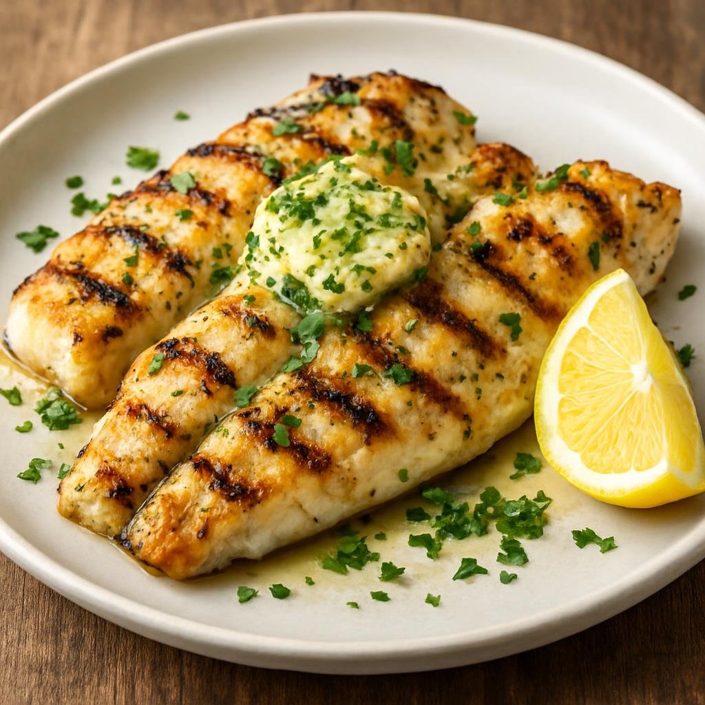 Entree: Canada – British Columbia Coast – Grilled Lingcod (Grilled Pacific lingcod fillets seasoned and finished with lemon-herb butter) recipe
