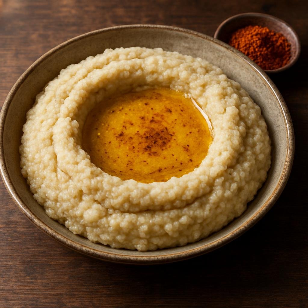Entree: Ethiopia – Amhara – ገንፎ ➤ Genfo (Thick Ethiopian barley porridge shaped into a central well and served with spiced clarified butter and berbere) recipe