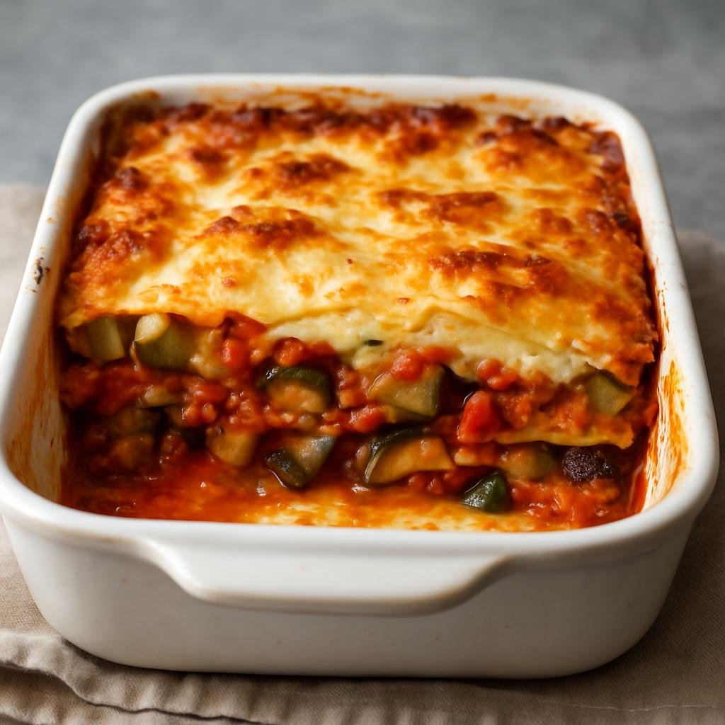 Entree: Australia – Melbourne & Victoria – Vegetable Lasagna (Layered pasta casserole with mixed roasted vegetables, tomato ragu and creamy béchamel) recipe