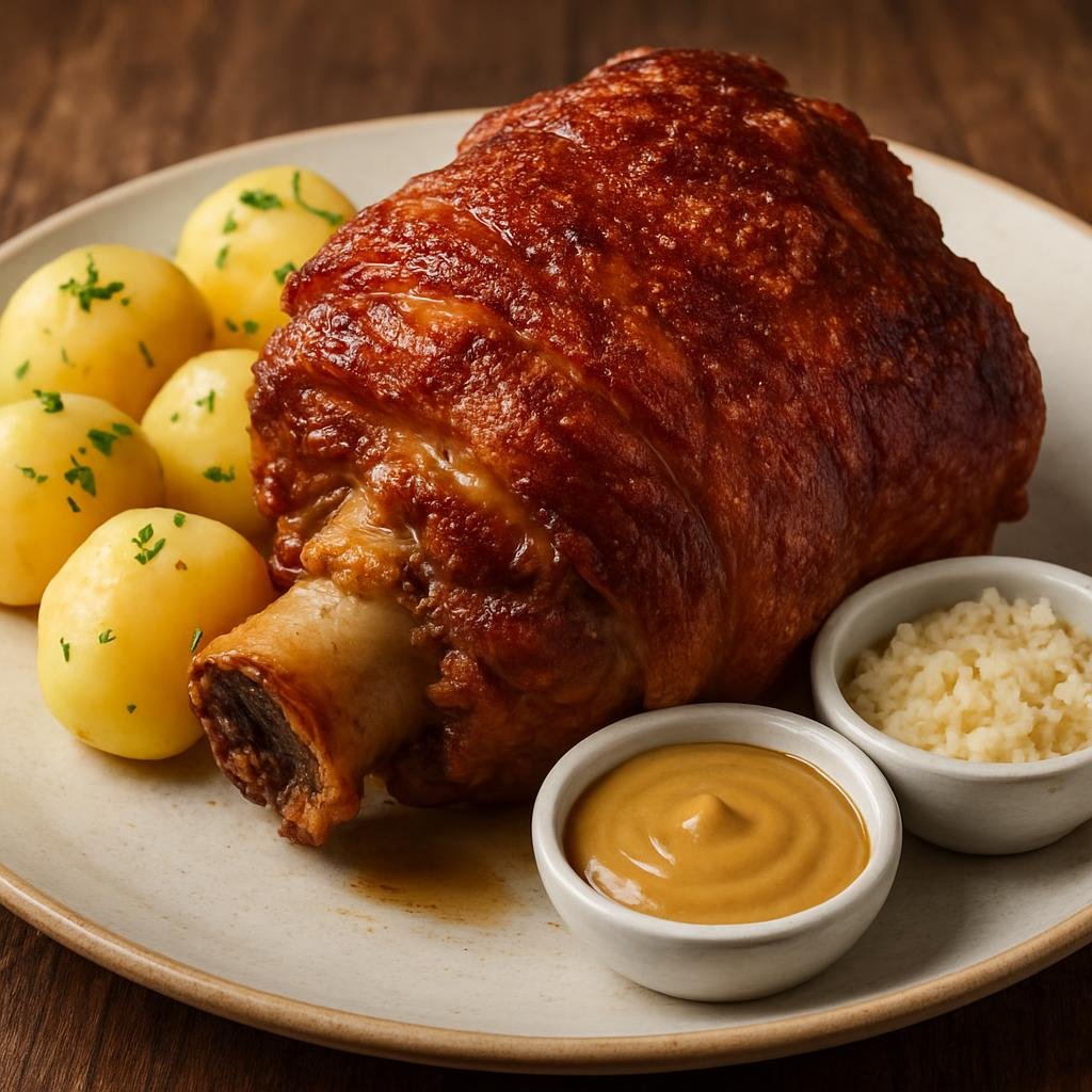 Entree: Poland – Lesser Poland / Krakow – Golonka (Slow-braised then roasted pork knuckle with crisped skin, traditionally served with mustard, horseradish, and potatoes) recipe