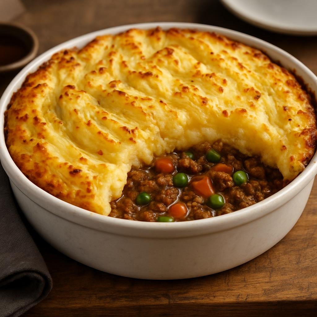 Entree: Ireland – Irish Pub Classics – Irish Cottage Pie (Baked minced beef and vegetable filling topped with mashed potatoes) recipe