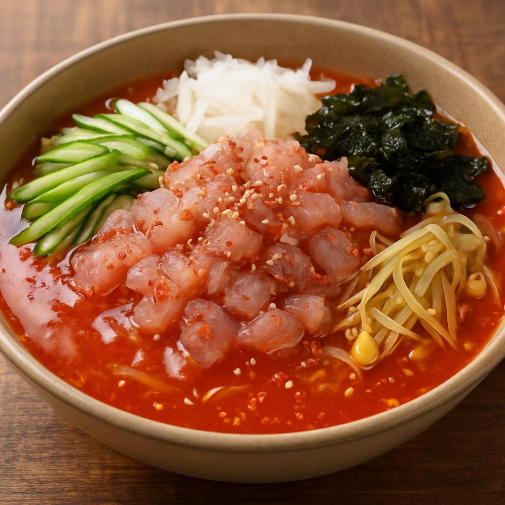 Entree: South Korea – Jeju – 제주 물회 ➤ Jeju mulhoe (Chilled spicy raw fish soup with vegetables and cold broth) recipe