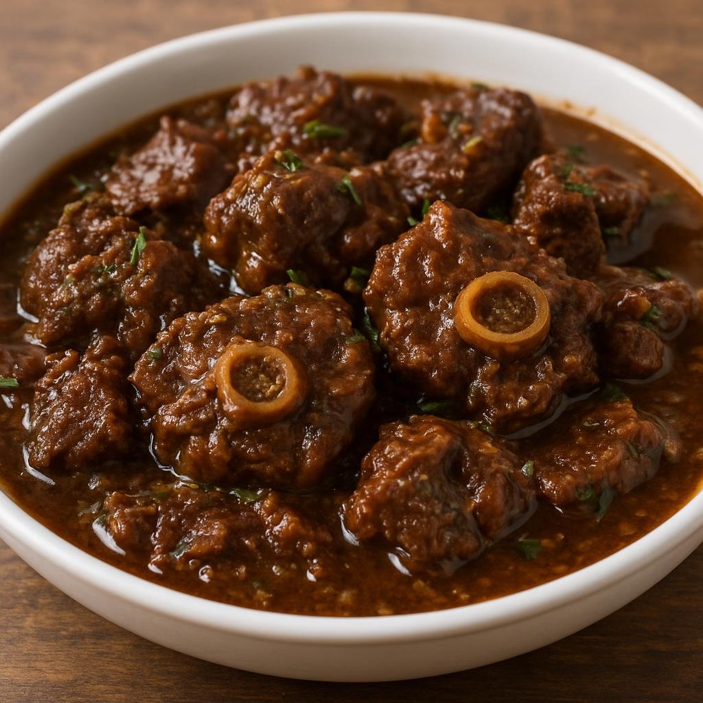 Entree: Dominica – Northern Culinary Region – Stewed Oxtail (Caribbean-style slow-braised oxtail in a savory, herb-scented brown gravy) recipe