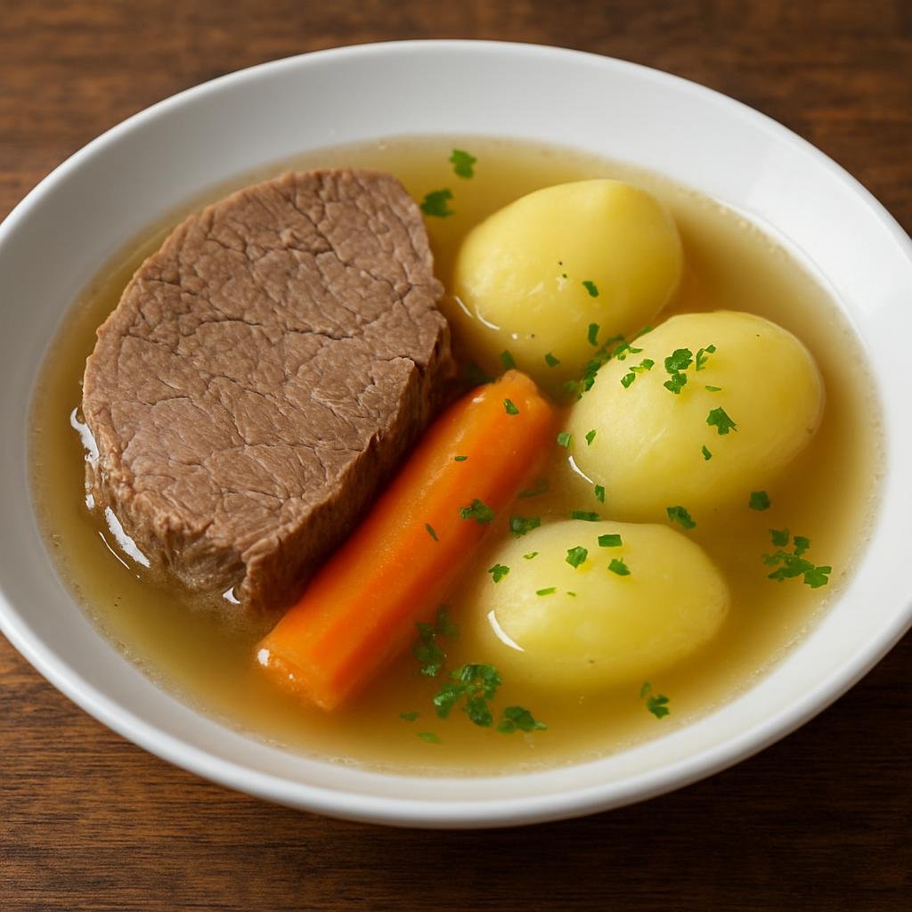 Entree: Switzerland – German Swiss – Siedfleisch (Swiss gently boiled beef served with clear broth and root vegetables) recipe