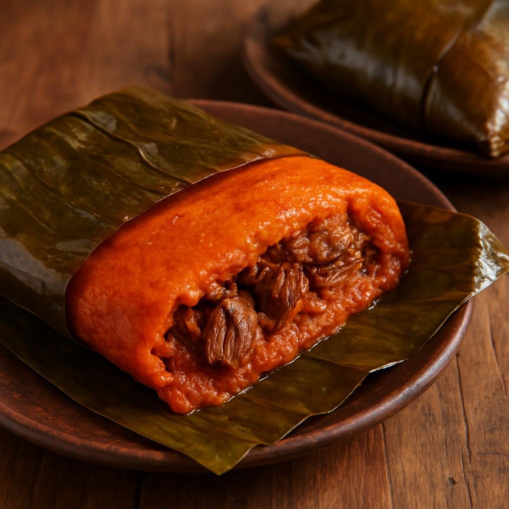 Entree: Guatemala – Southern Culinary Region – Tamales Colorados (Guatemalan red tamales made from seasoned corn masa filled with slow-cooked pork and wrapped in banana leaves) recipe
