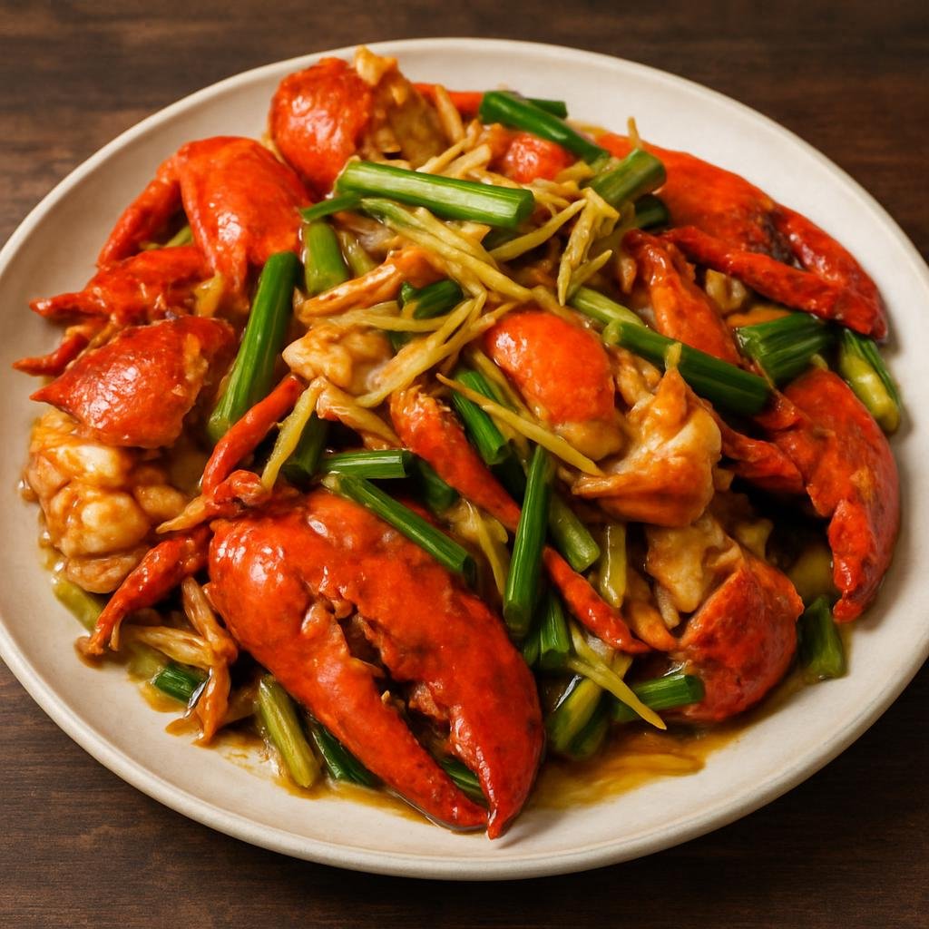 Entree: Hong Kong – Southern Culinary Region – 薑蔥龍蝦 ➤ goeng1 cung1 lung4 haa1 (Hong Kong–style lobster stir-fried with aromatic ginger and scallions, finished with hot oil) recipe