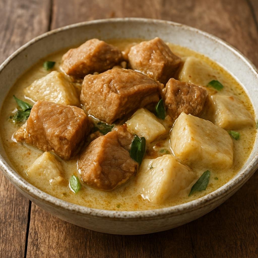Entree: Papua New Guinea – Southern Culinary Region – Pork and Yam (Braised pork with starchy yams simmered in coconut milk and local aromatics) recipe