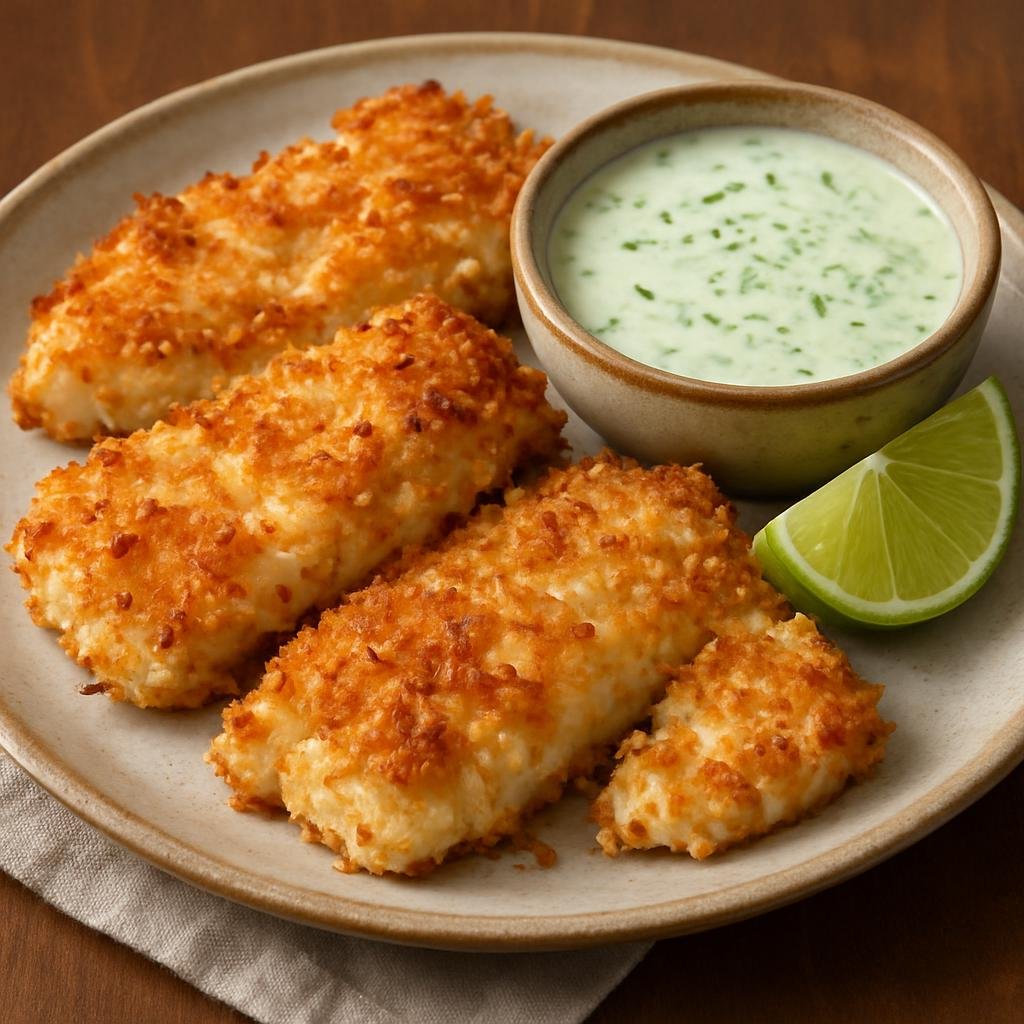 Entree: Pitcairn – Southern Culinary Region – Coconut-Crusted Fish (Pan-fried white-fish fillets coated in toasted coconut with a tangy coconut-lime dipping sauce) recipe